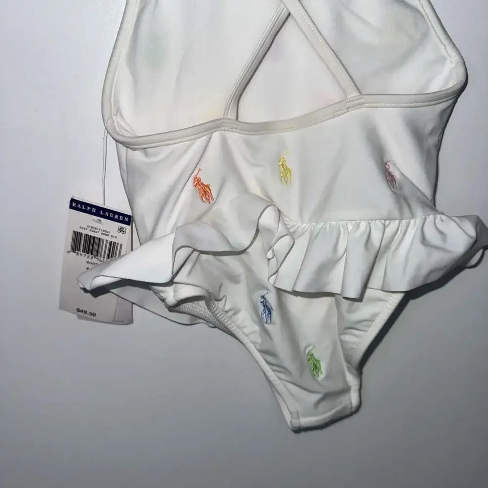 Ralph Lauren Baby Girl White Ruffled One-Piece Swimsuit Logos NWT